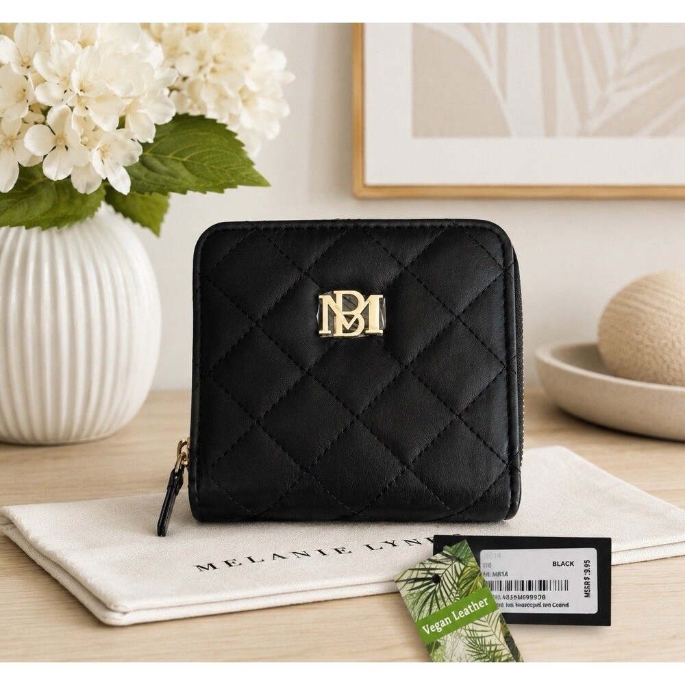 Badgley Mischka Black Vegan Leather Logo Quilted Square Card Wallet NWT $49